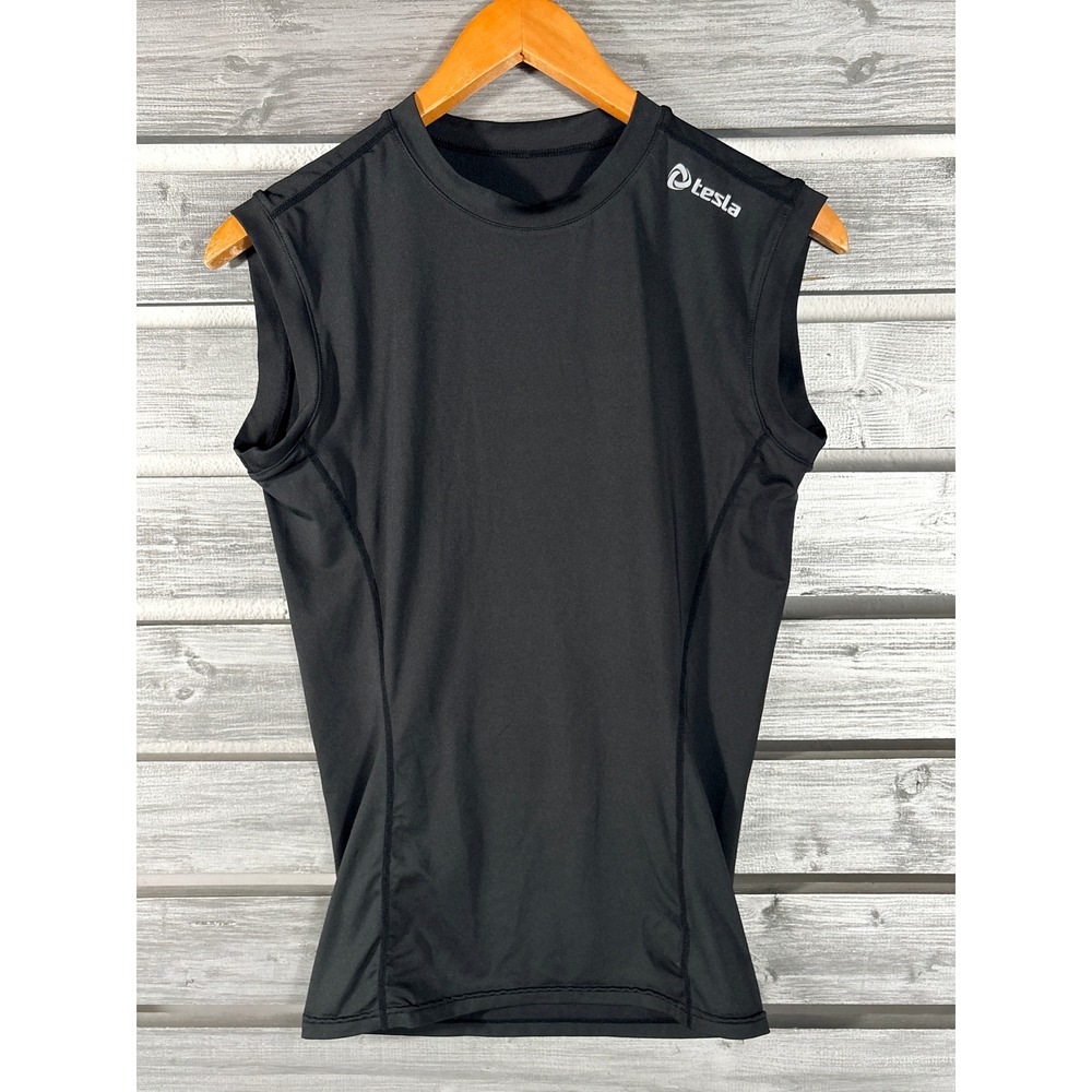 Tesla Mens Compression Tank Top Black Sleeveless Training Workout Shirt Size L/M